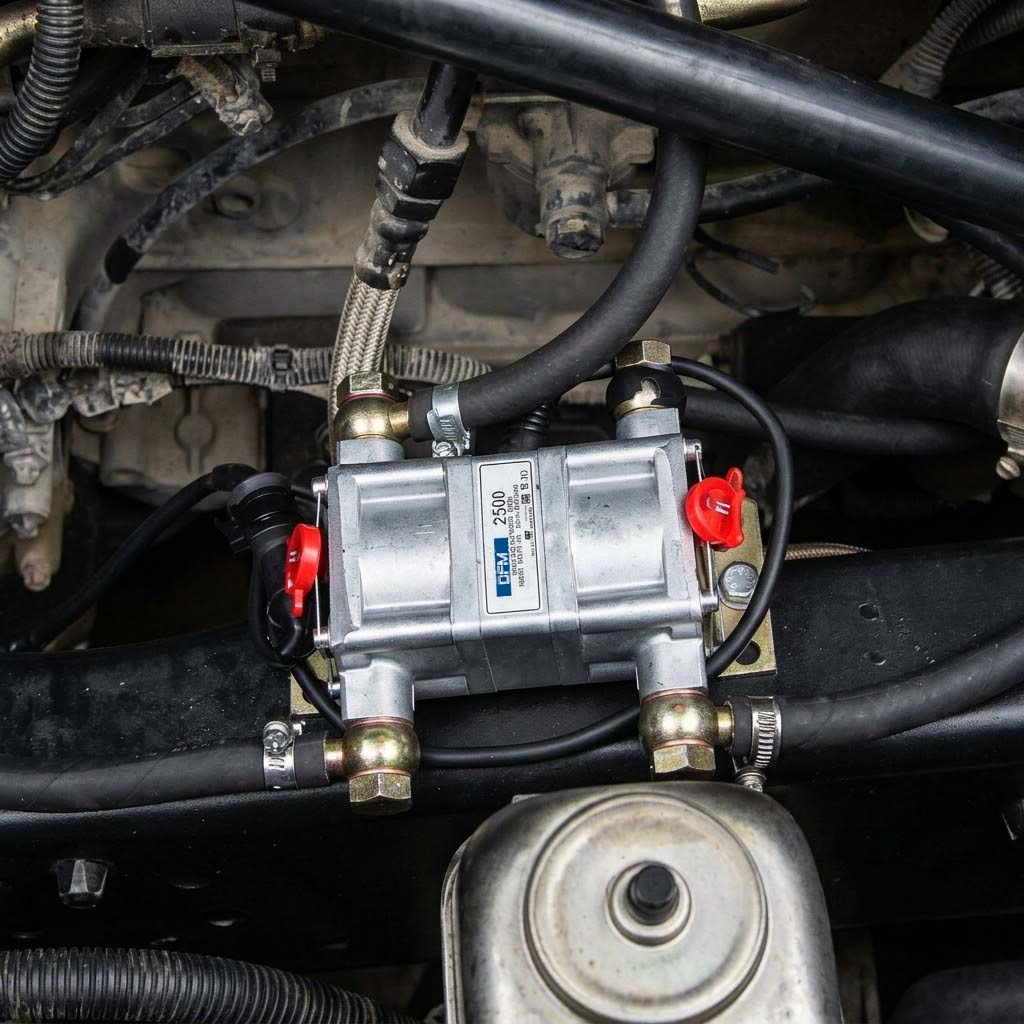 Technoton DFM fuel flow meter installed on a vehicle engine